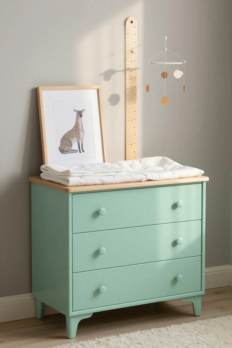A mint green dresser with a light wood top holds a folded white blanket, with a framed deer print and wooden growth chart beside it in a child's room.