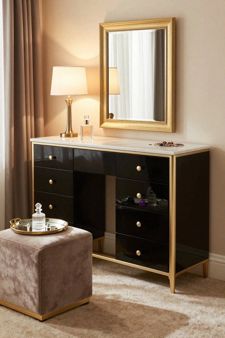 Black and gold vanity dresser with white marble top and mirror.