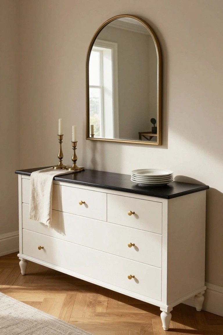 A white dresser with a black top sits below an arched mirror, holding brass candlesticks and stacked plates.