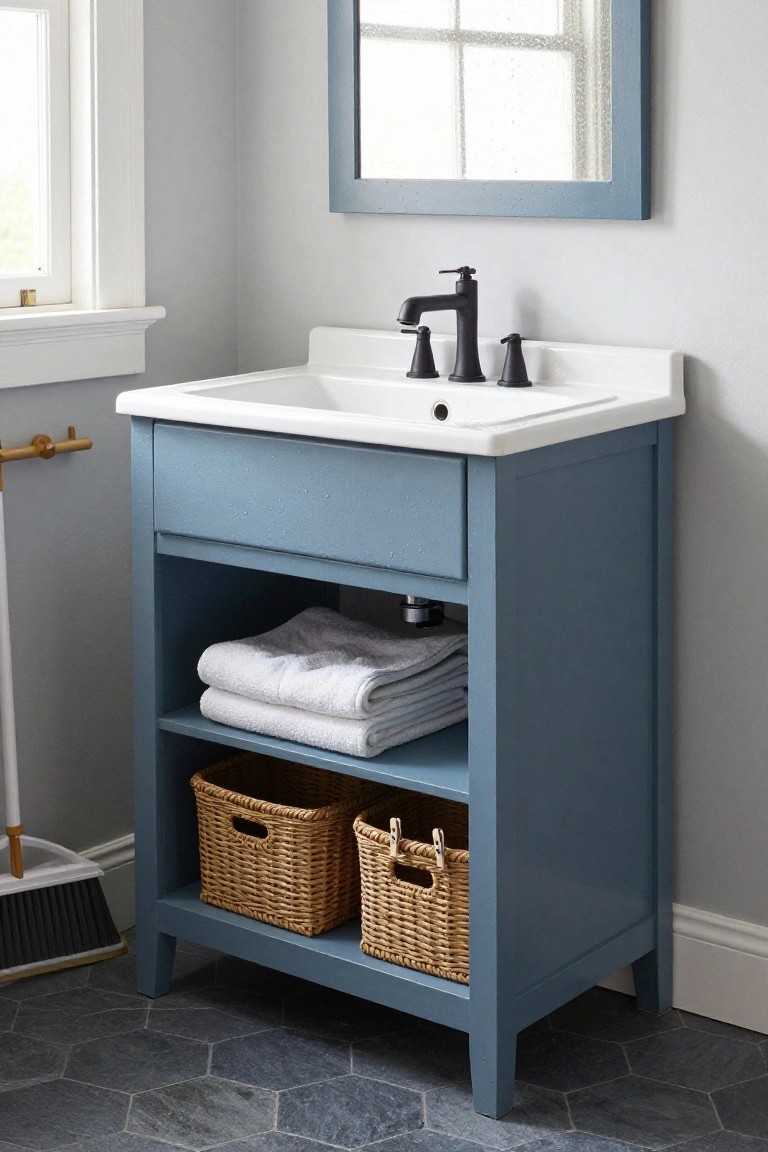 A blue painted bathroom vanity with a white sink countertop, black faucet, open lower shelves holding folded towels and two wicker baskets on a dark tile floor.