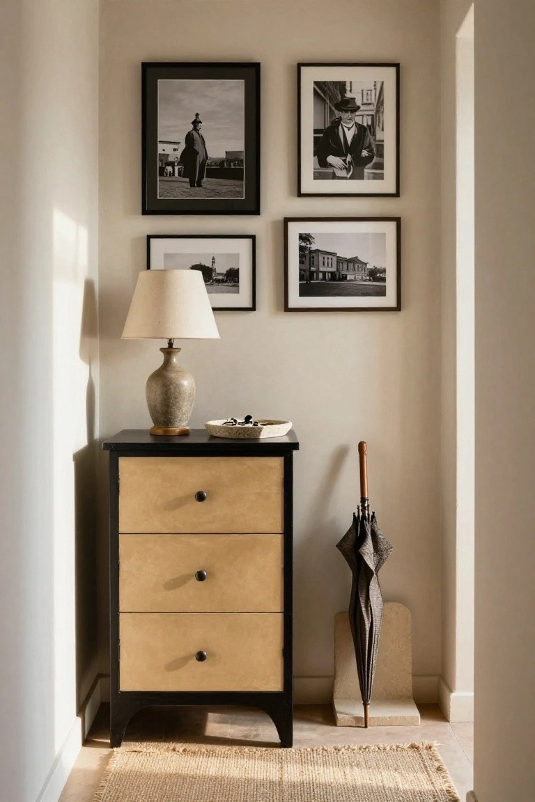 A two-tone dresser with a black frame and beige drawer fronts sits against a wall under four black and white framed photos, topped with a lamp and a small dish.