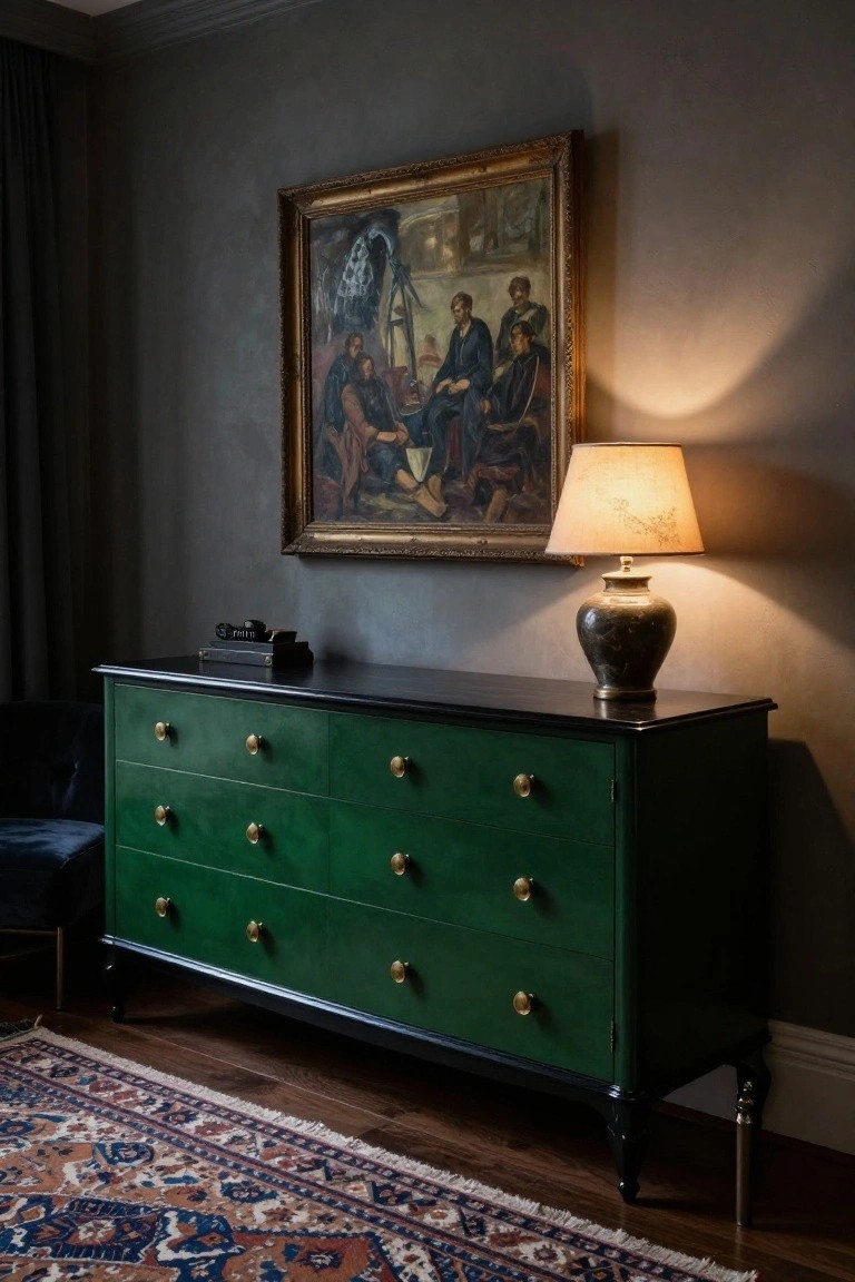 A green dresser with a black top stands against a gray wall, topped with a lamp and books, beneath a large framed painting.