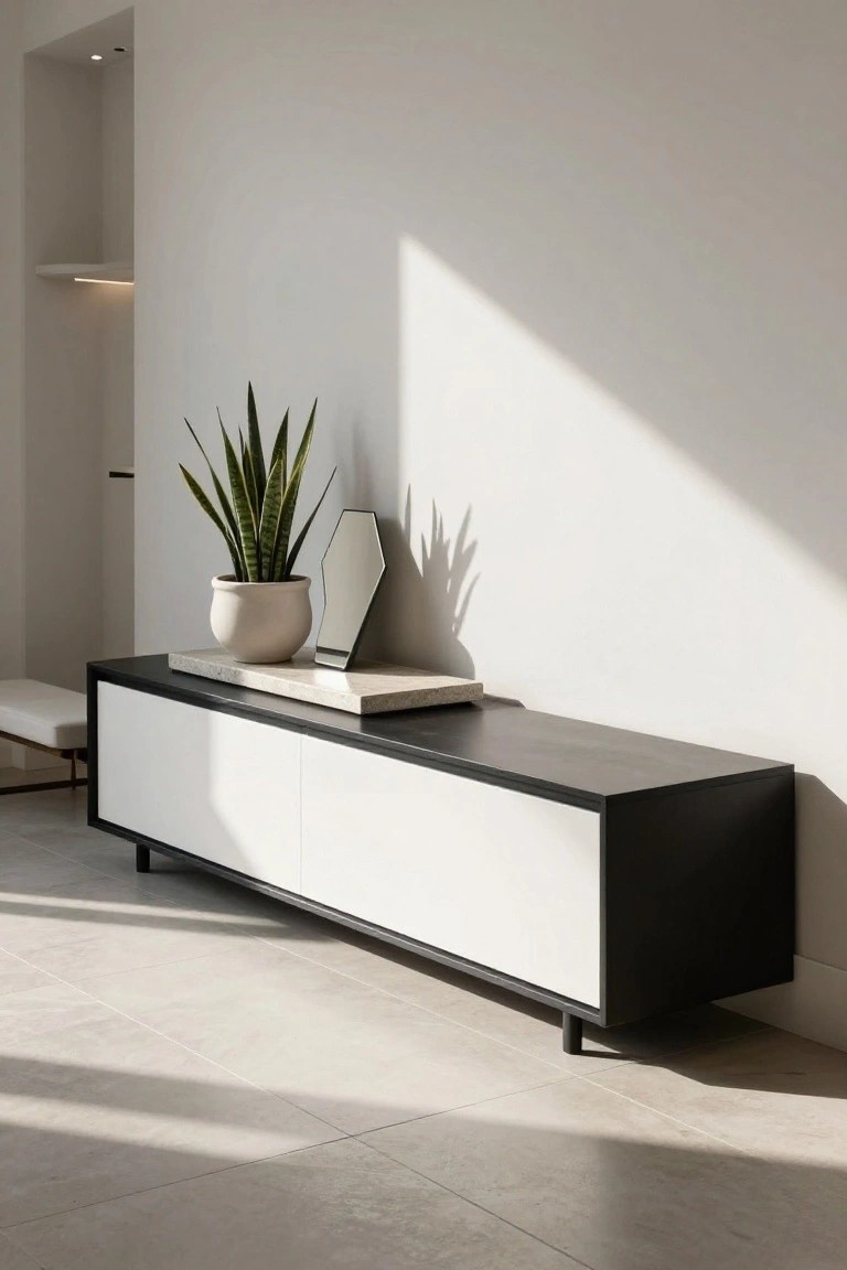 A long two-tone dresser with a dark top and white drawer fronts against a plain wall, with a potted plant and small mirror resting on its surface.
