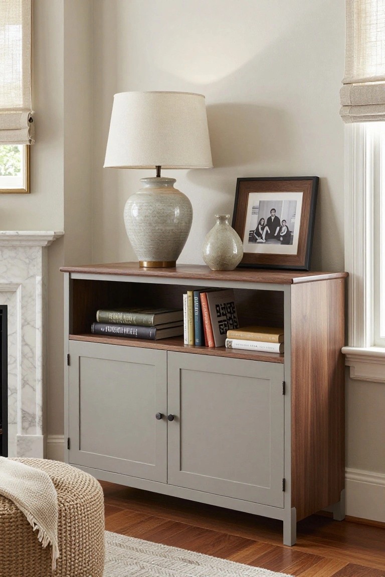 A two-tone gray and wood cabinet with open shelving above and closed doors below, styled with books, a lamp, and a framed photo.