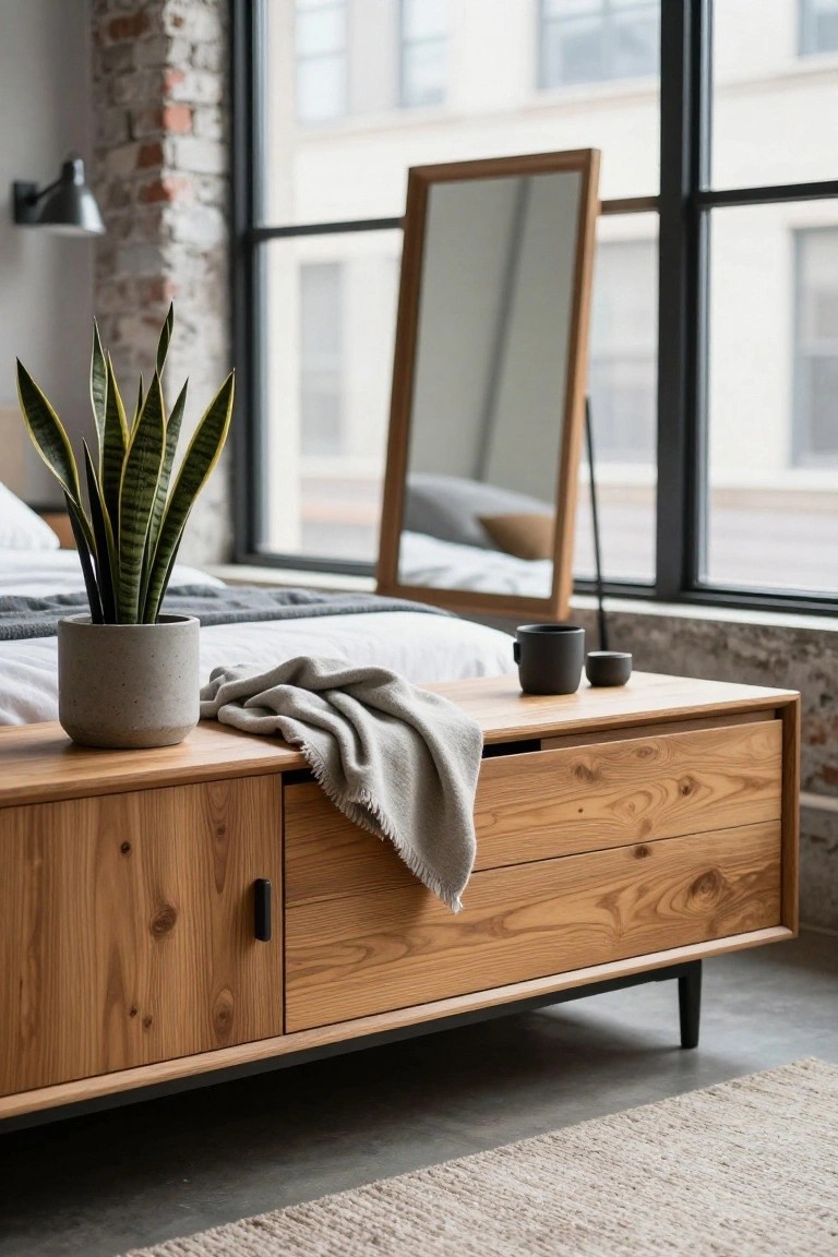 A low wooden dresser with black legs and hardware sits in a bedroom beside a window, topped with a potted plant and a gray throw.