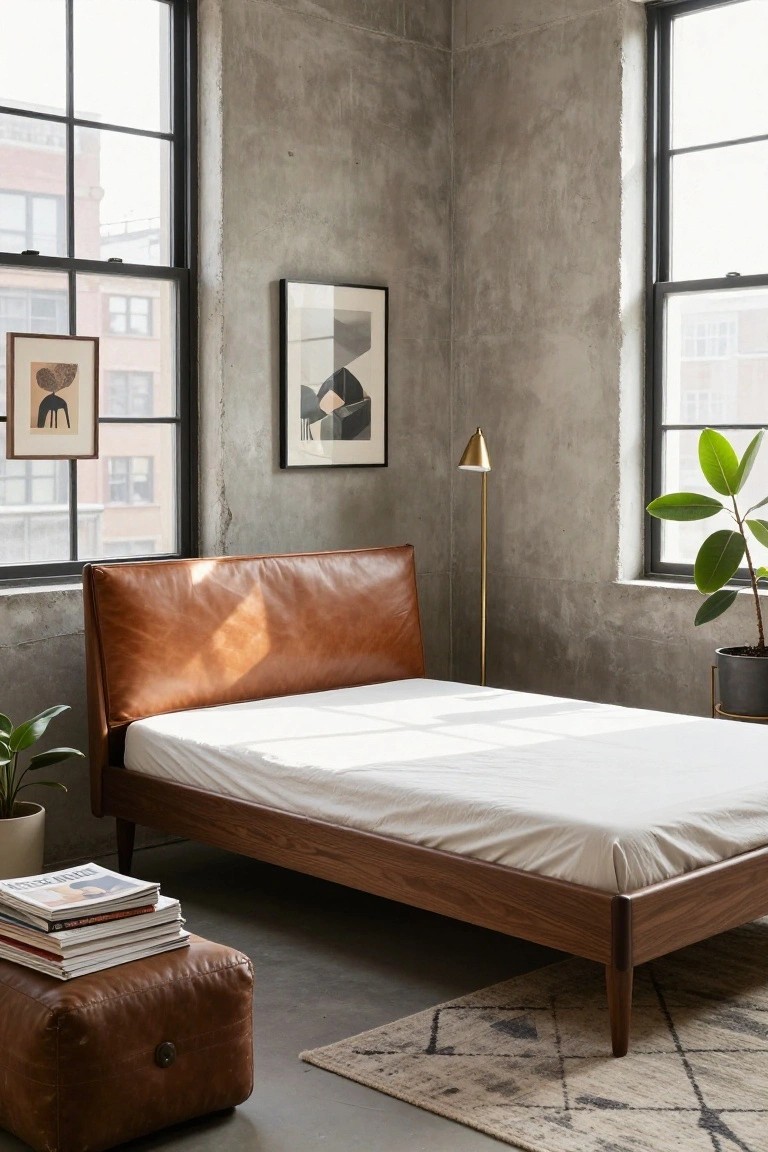 Corner bedroom with wooden bed frame featuring tan leather headboard, white bedding, exposed concrete walls, large windows, abstract artworks, potted plants, brass floor lamp, leather pouf, and patterned rug.
