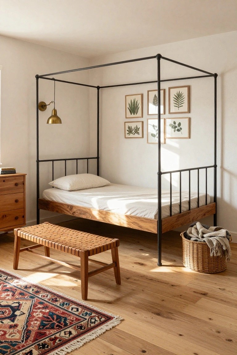 Corner of a light bedroom with black metal canopy bed frame on wooden base, white bedding, wooden dresser, rattan bench, woven basket with blankets, and patterned rug on oak floors.