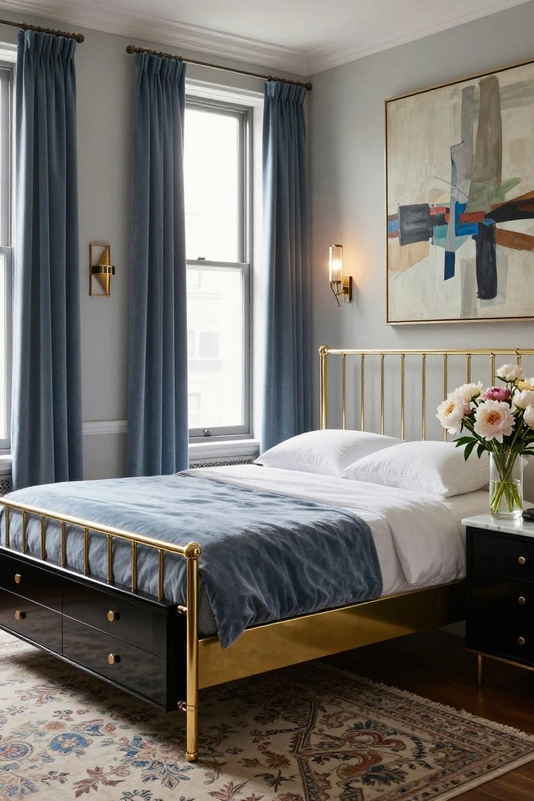 Bedroom with gold brass bed frame topped by blue velvet coverlet and white bedding, marble nightstand holding glass vase of peonies, blue drapery on two sash windows, gold sconces, large abstract painting, and patterned rug on wood floor.