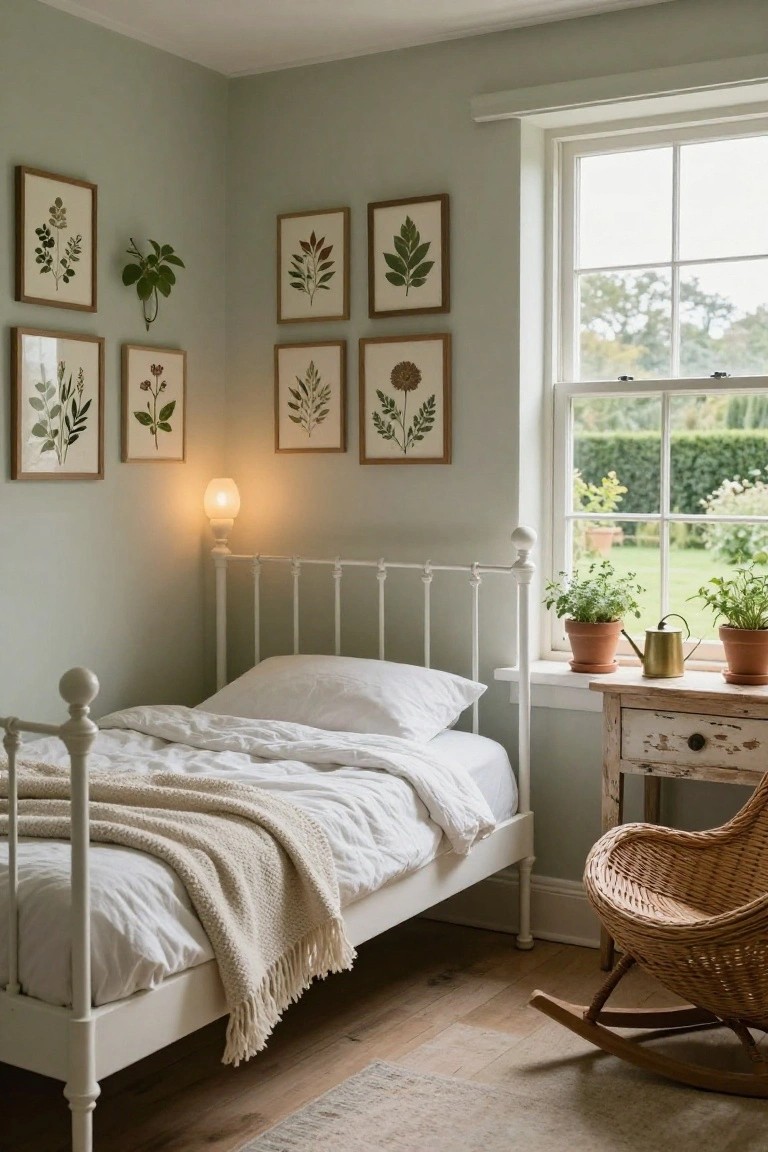 Sage green bedroom with white metal bed frame, white bedding, botanical prints on walls, potted plants on windowsill, brass watering can, and wicker rocking chair by hardwood floor.