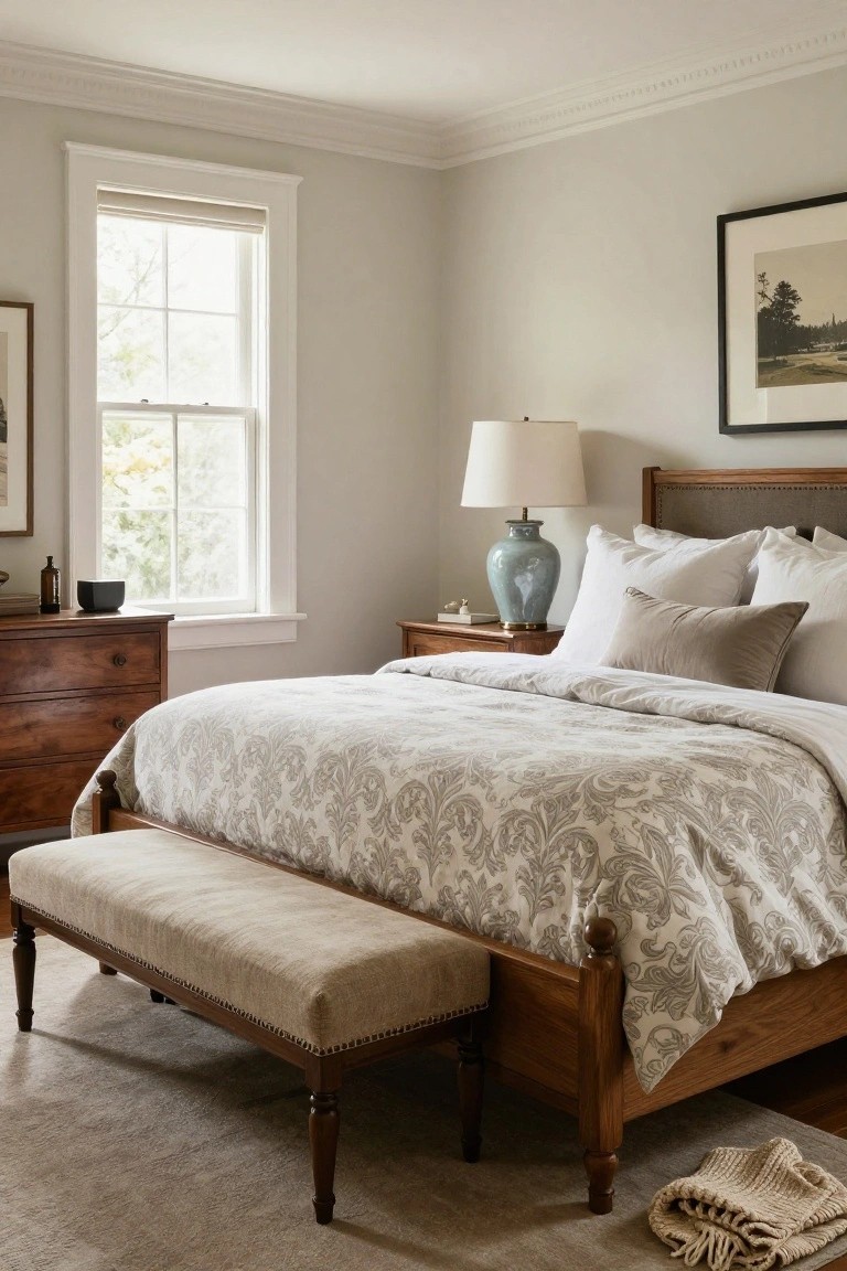 A bedroom with light gray walls, a wooden four-poster bed draped in gray floral bedding, a beige upholstered bench at the foot of the bed, wooden dressers, and a window with blinds.
