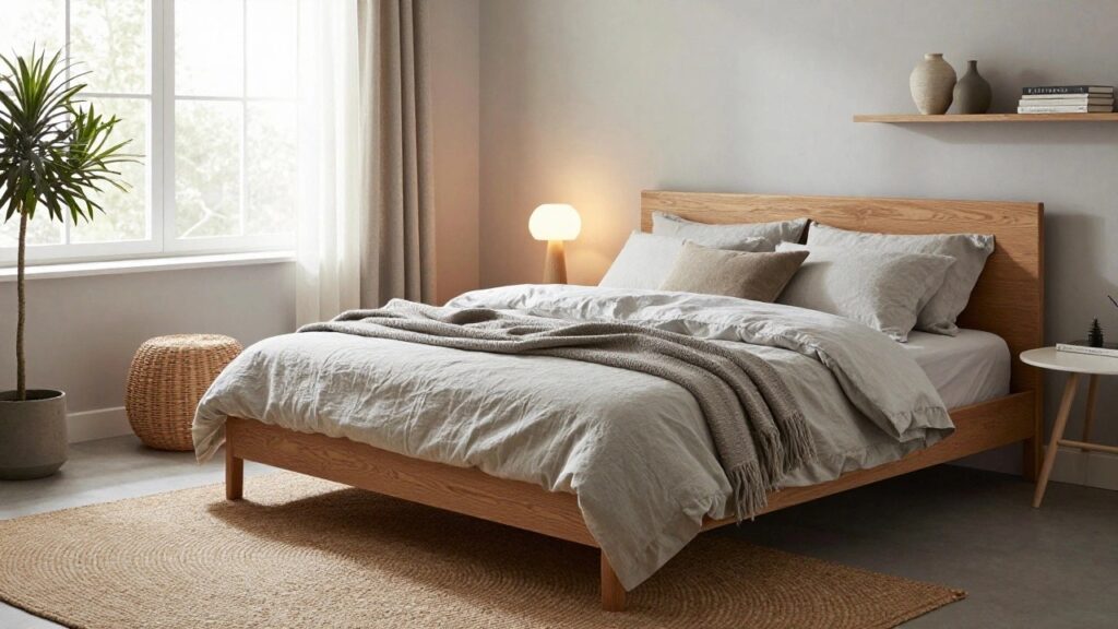 24 Trendy Bed Frame Ideas Everyone Is Loving Right Now A bedroom with a light oak wood bed frame holding gray linen bedding and pillows, beside a white nightstand with lamp and potted plant, floating oak shelf with vases and books, sheer curtains on window, rattan pouf on round jute rug, neutral walls and wood floor.