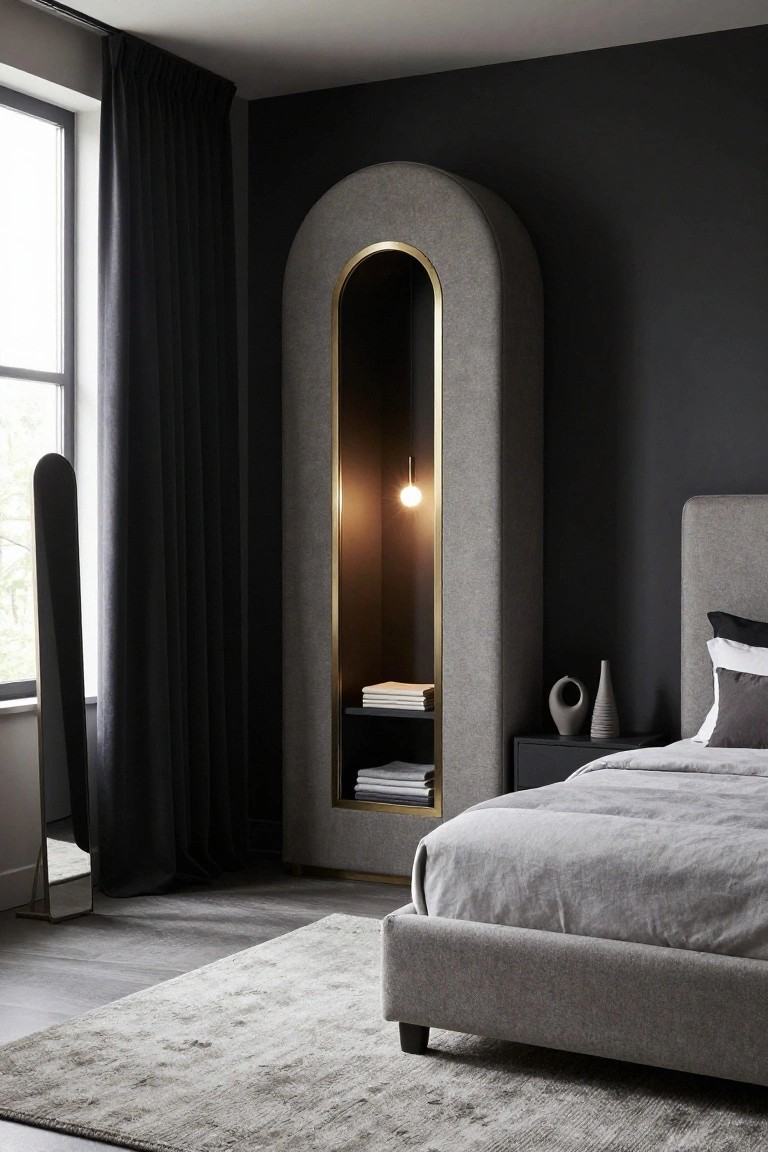 Modern bedroom with gray upholstered platform bed on legs, tall arched gray fabric wardrobe with gold trim and lit interior shelf, black accent wall, full-length mirror, nightstand, and window with black curtains.