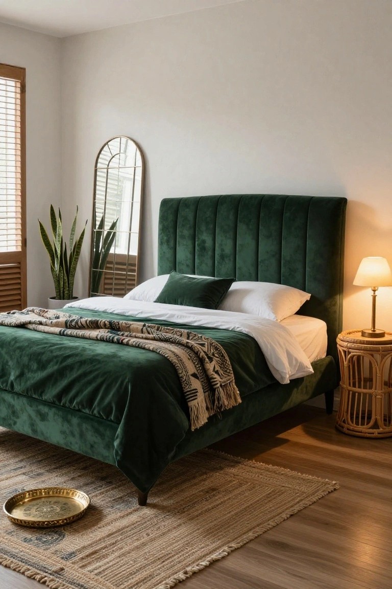 Bedroom interior with emerald green velvet tufted bed frame, white bedding, green pillows, rattan nightstand with lamp, arched gold mirror, snake plant, and seagrass rug on hardwood floor.
