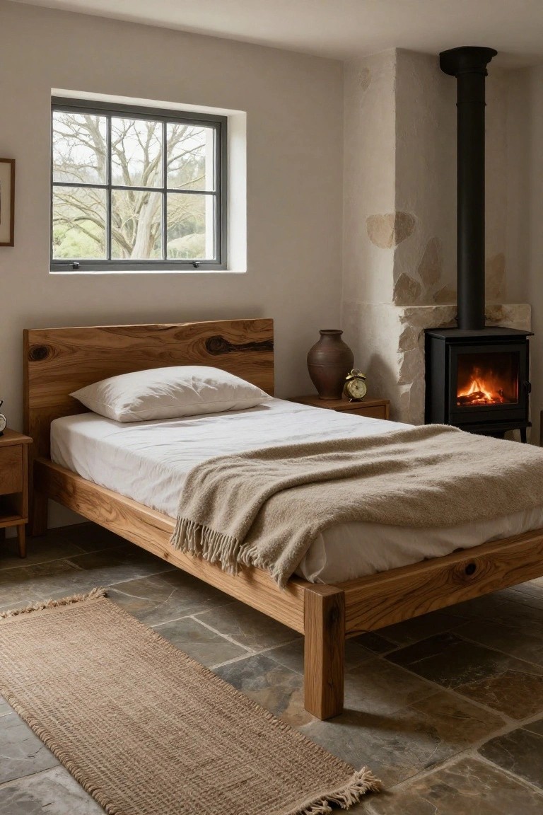 A cozy bedroom interior with a low live-edge oak wood bed frame, white sheets and beige knit throw, matching wooden nightstands, terracotta vase and brass clock on one nightstand, lit wood-burning stove in stone wall, seagrass runner rug on stone tile floor, and steel-framed window showing trees outside.
