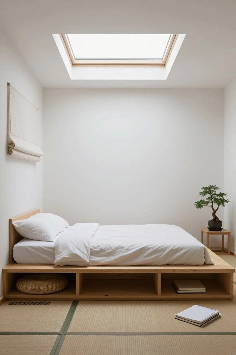 A minimalist white bedroom with tatami flooring, a low wooden platform bed frame with built-in storage shelves holding books and a basket, white bedding, a bonsai tree on a wooden side table, a rolled linen shade on the wall, and a skylight in the ceiling.