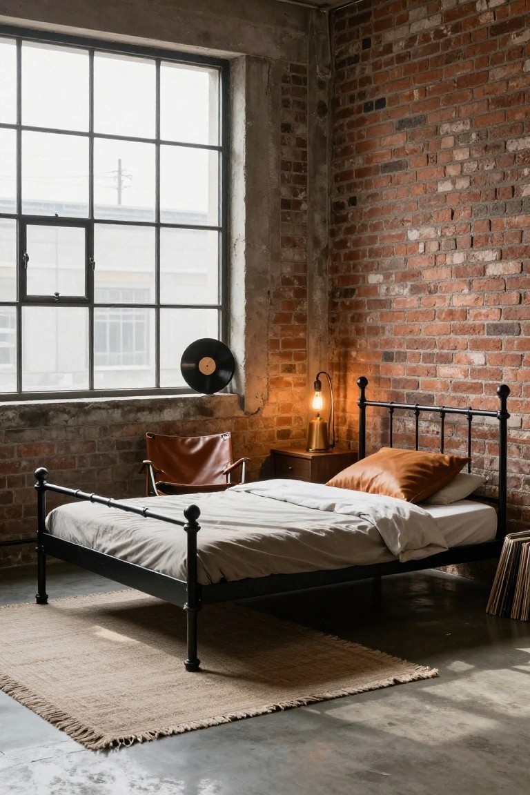 Industrial-style bedroom with black metal bed frame on concrete floor, exposed brick walls, large metal-framed windows, leather armchair, brass lamp on wooden nightstand, orange pillows, and stack of vinyl records.