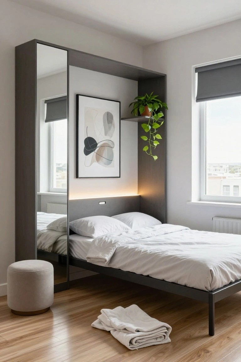 Modern bedroom with wall bed, mirror wardrobe, abstract art, and potted plant.