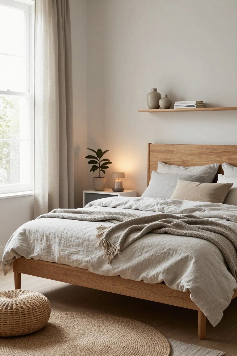 A bedroom with a light oak wood bed frame holding gray linen bedding and pillows, beside a white nightstand with lamp and potted plant, floating oak shelf with vases and books, sheer curtains on window, rattan pouf on round jute rug, neutral walls and wood floor.