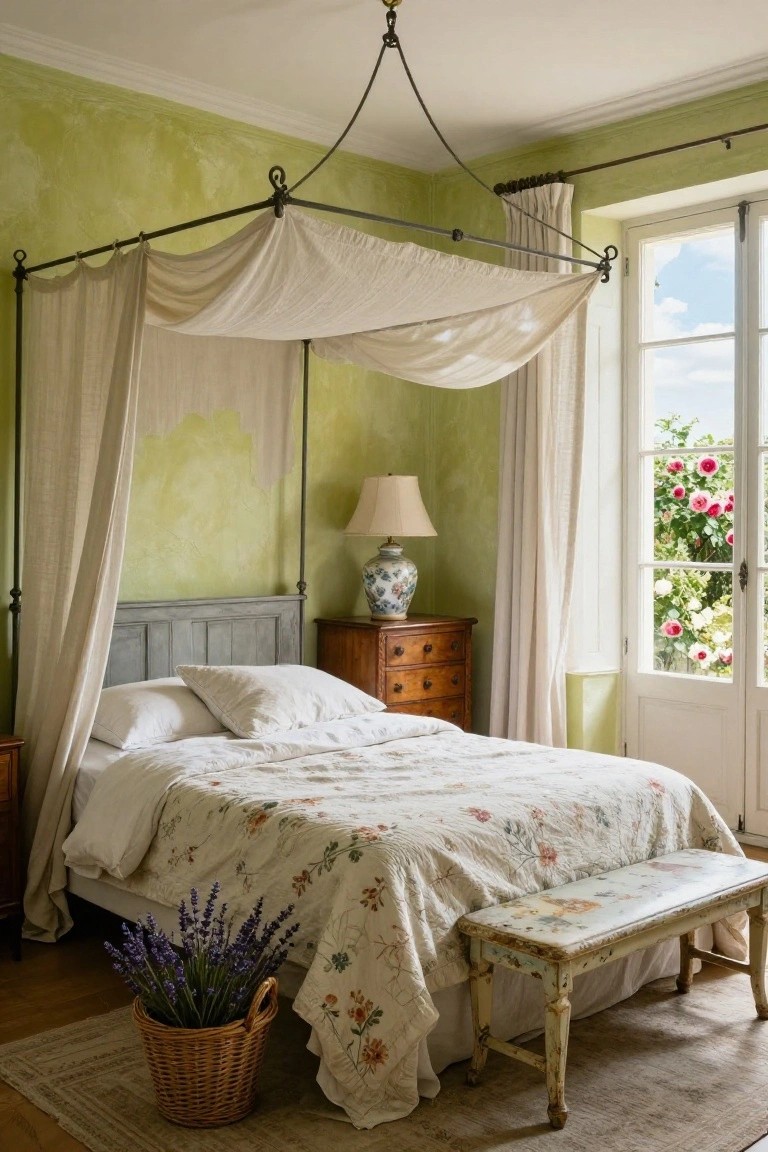 A bedroom with pale green textured walls, a wrought iron four-poster bed draped in white sheer fabric, white bedding, wooden furniture including a dresser and bench, a lavender bouquet in a basket, and French doors opening to a garden with roses.