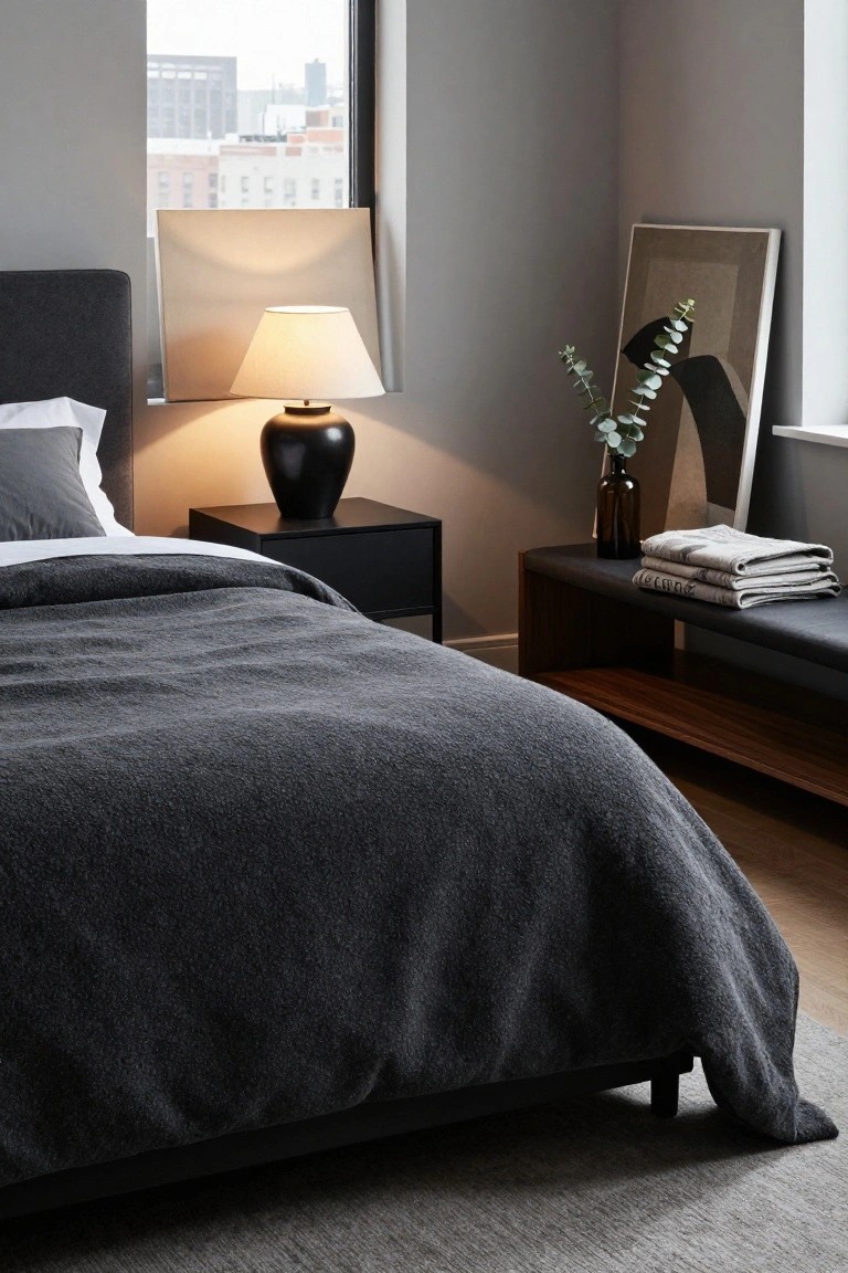 A corner view of a modern bedroom with a low black upholstered platform bed covered in gray textured bedding, a black nightstand topped with a ceramic lamp, a wooden bench with folded towels, eucalyptus in a bottle vase, and a large window showing a city skyline.