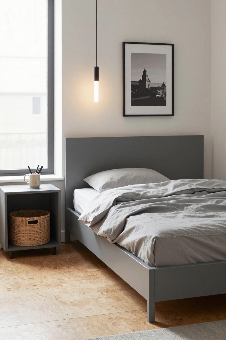 Gray platform bed with rumpled white linens and pillows, beside a matching nightstand holding a wicker basket and mug, in a light bedroom with a pendant light and window.