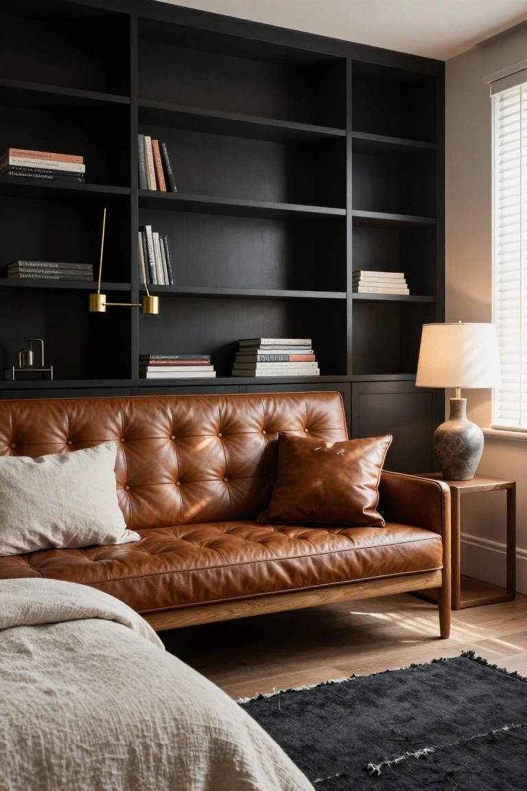 Bedroom corner featuring black built-in bookshelves filled with books, a low tan leather tufted sofa with wooden frame and legs, white linen pillows, a bedside table with ceramic lamp and vase, a bed with light bedding, and a black-fringed rug on wooden flooring.