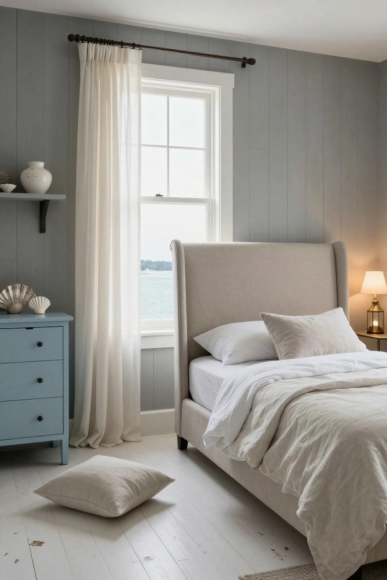 Bedroom with beige upholstered wingback bed frame, white bedding, blue dresser with seashells, sheer curtains on window overlooking water, and floor pillow on white wood floor.
