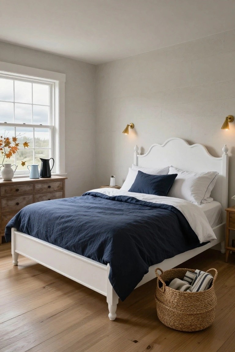 Cozy bedroom with white wooden bed frame featuring curved scalloped headboard, navy blue duvet and pillows, wooden dresser holding pitchers and vase, window with fall leaves view, and wicker basket on hardwood floor.