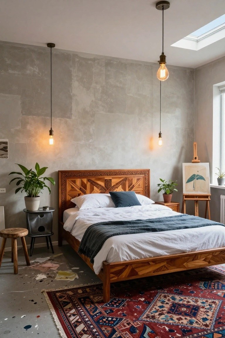 A cozy bedroom featuring a wooden bed frame with intricate geometric carvings on the headboard and footboard, white bedding with a gray throw, pendant lights, potted plants, an easel with artwork, and a red Persian rug on a concrete floor with paint splatters.