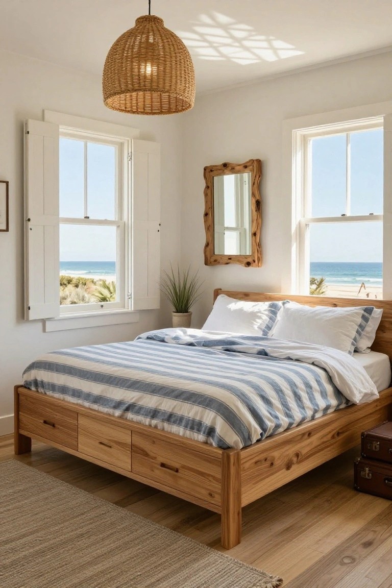 A bedroom interior with a low wooden platform bed frame featuring three drawers on each side, covered in white striped bedding, large open windows showing a beach view, a rattan pendant light, potted plant, and wooden suitcase on the floor.