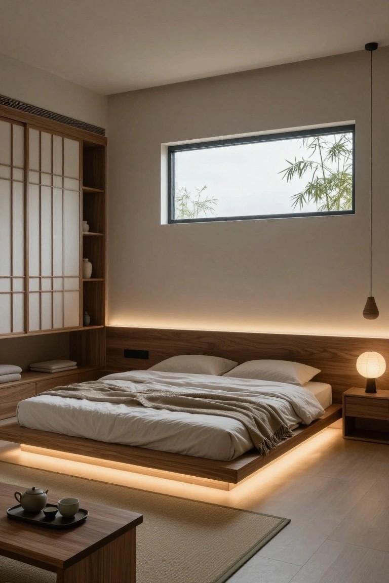 A bedroom with a low wooden platform bed featuring warm LED underlighting, white linens, shoji wardrobe screens, a bedside lamp, narrow window showing bamboo outside, and a low wooden tea table on a tatami mat.