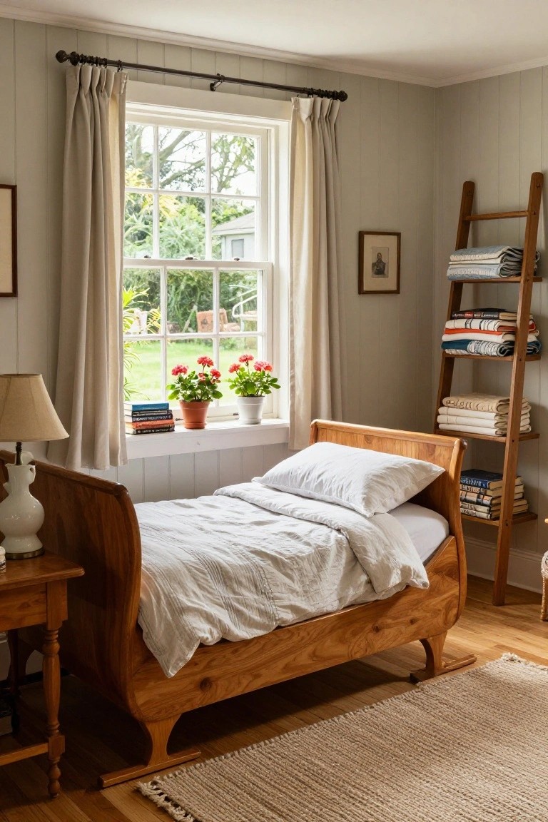 A cozy bedroom interior with a low wooden sleigh bed draped in white linens, a wooden side table with lamp, ladder shelf holding blankets and books, and a large window showing garden plants outside.