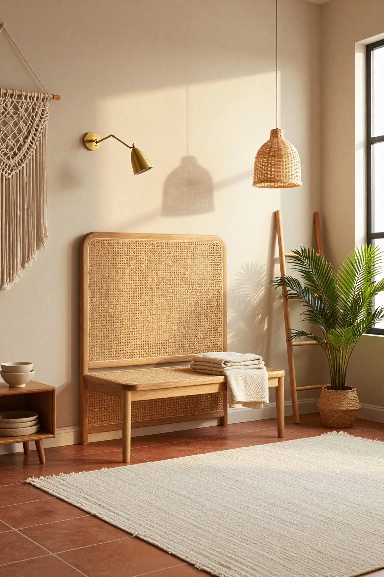 Light beige indoor room with wooden bench featuring tall woven cane backrest, folded white towels on seat, macrame wall hanging, potted palm plant, wooden ladder, side table, and white fringed rug on terracotta tile floor.