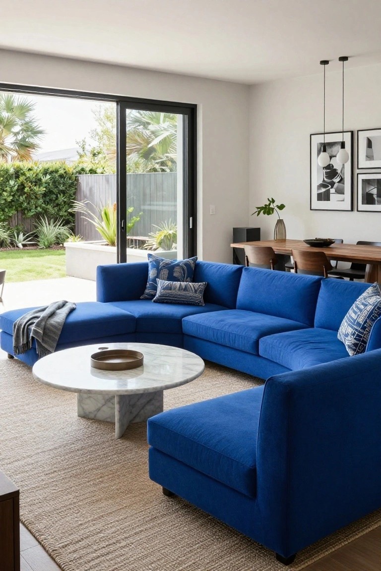 Modern living room with a large blue L-shaped sectional sofa around a white marble coffee table, sliding glass doors to backyard garden, wooden dining table, and potted plants.