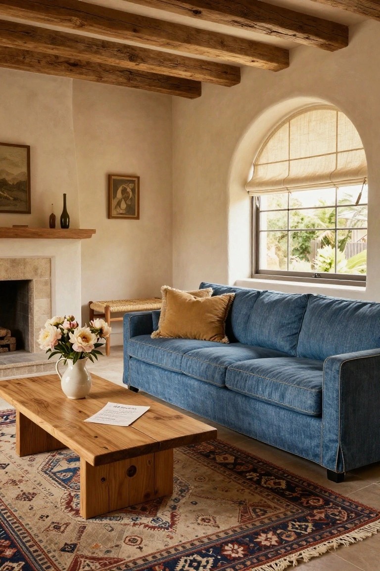 Cozy living room with blue sofa, wooden beams, arched window, and fireplace.