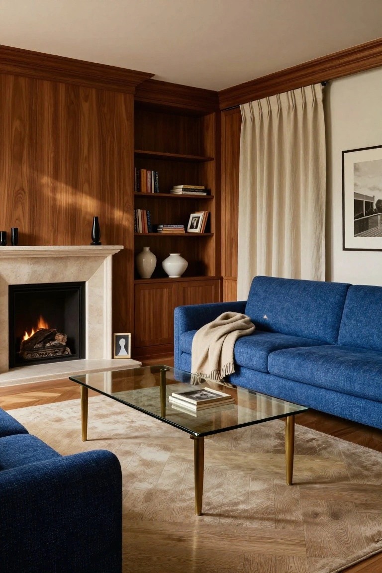 Wood-paneled living room with blue upholstered sofa, marble fireplace, glass coffee table on parquet floor, bookshelves, and beige curtains.