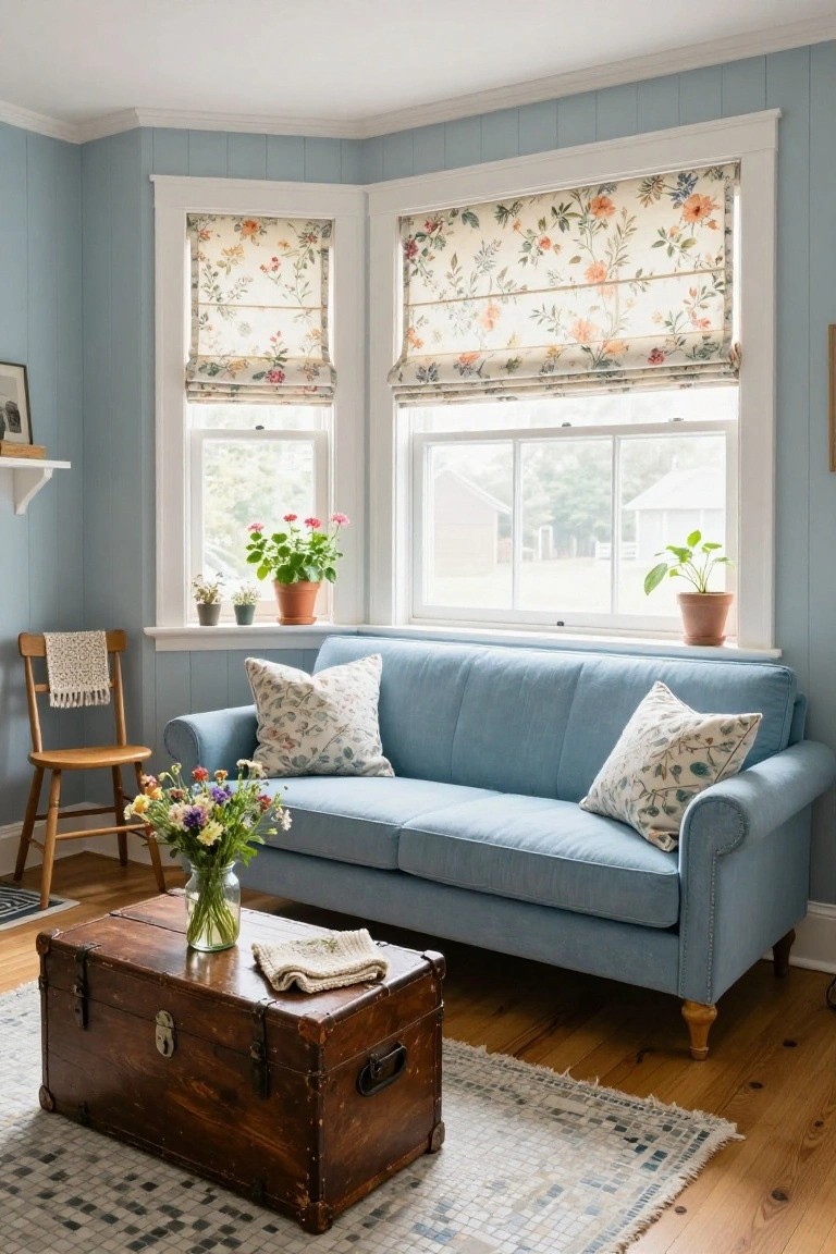 Cozy blue living room with floral roman shades, wooden trunk, and sofa.