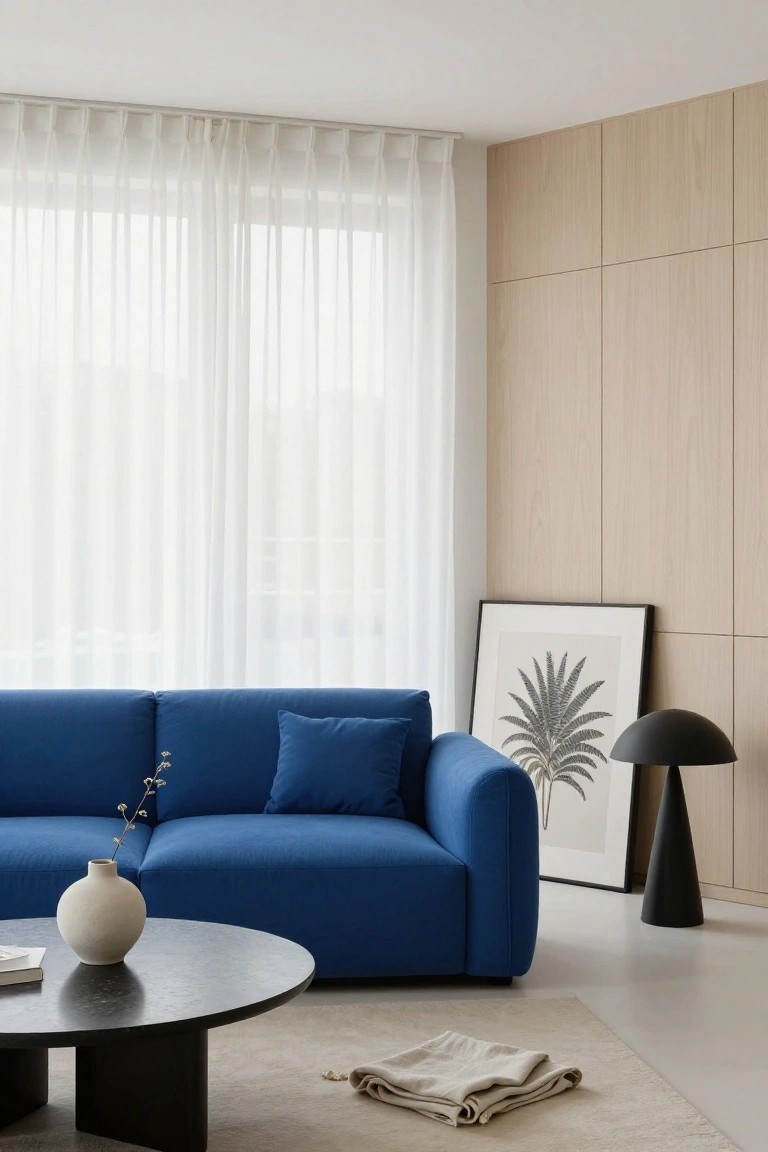 Modern living room with bright blue L-shaped sofa, black round coffee table with white vase and book, sheer white curtains on windows, light wood panel wall, black conical floor lamp, and framed black-and-white leaf print.