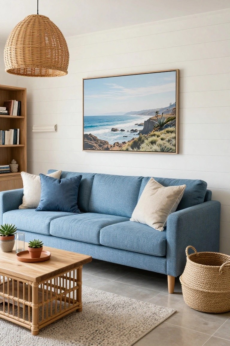 Blue three-seater sofa with white and navy pillows in a living room with white shiplap walls, rattan pendant lamp, oak bookshelf, framed painting of ocean cliffs and beach, rattan coffee table, plants, and woven basket on tiled floor with rug.