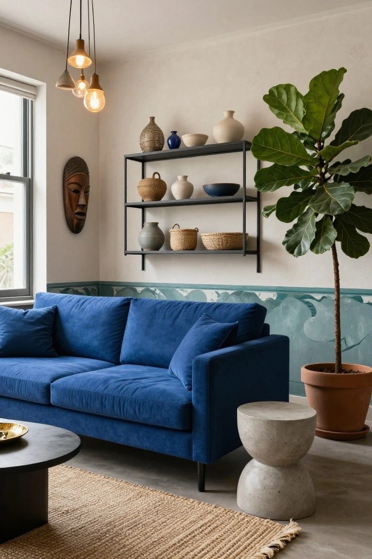 Living room corner with blue velvet sofa against green patterned wainscoting, tall potted fiddle leaf fig plant beside it, black metal shelves holding pottery and baskets, concrete stool, black coffee table, and beige rug on concrete floor.