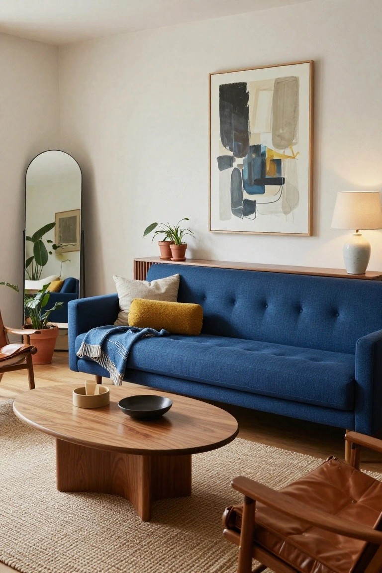 Modern living room with navy blue tufted sofa, oval wood coffee table, tan leather armchair, arched floor mirror, potted plants, and abstract wall art beside a lamp.