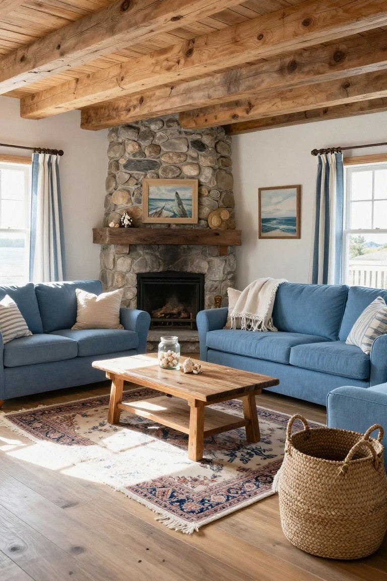 Living room with two blue fabric sofas facing each other across a wooden coffee table, stone fireplace on corner wall, exposed wooden ceiling beams, white walls, blue striped curtains on windows overlooking lake, hardwood floors, and woven rug.
