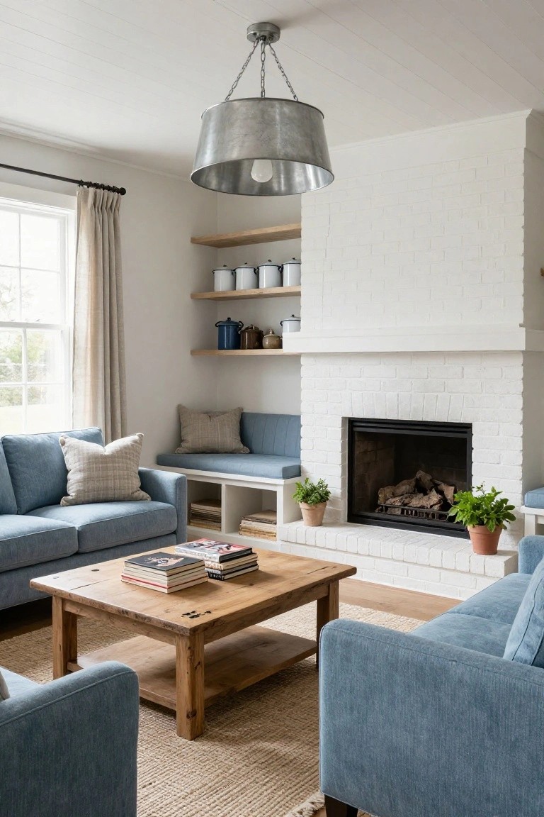 Cozy living room with blue sofas, brick fireplace, and wooden coffee table.