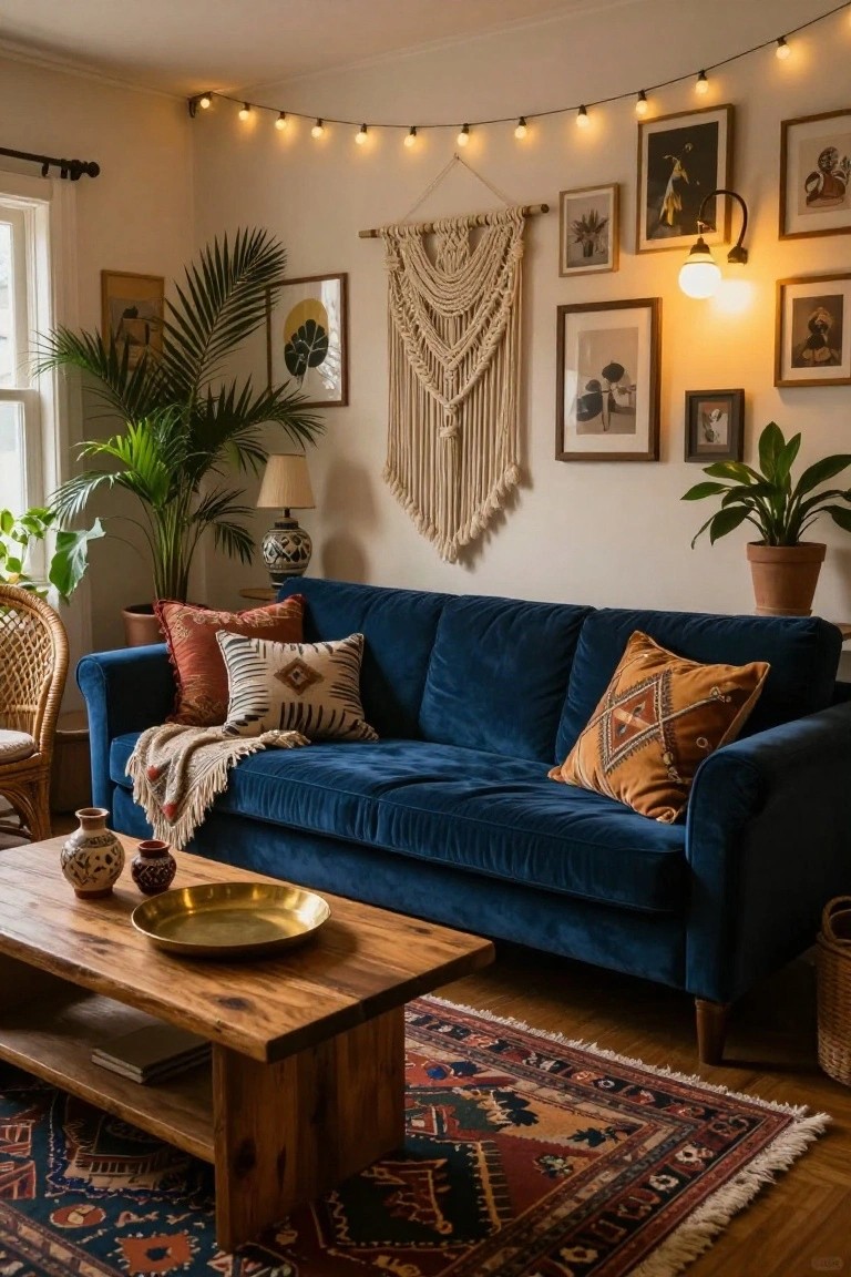 A living room interior with a navy blue velvet sofa piled with patterned pillows and a throw blanket, flanked by potted plants, macrame wall hanging, wooden coffee table, brass tray, and colorful patterned rug under warm string lights and gallery wall art.