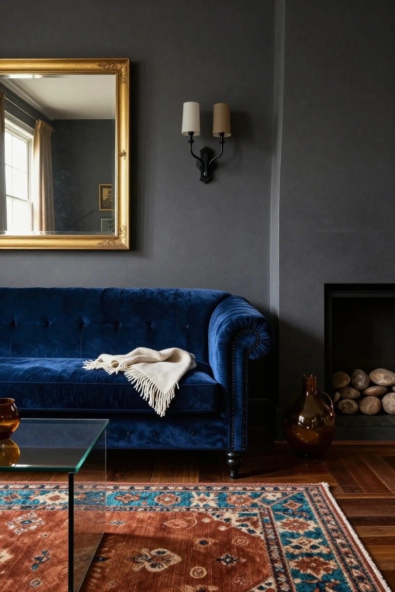 Living room with navy blue tufted velvet sofa draped with a cream throw, dark gray walls, large gold-framed mirror, wall sconces, glass coffee table, amber vase, wood logs by black fireplace, and red-blue patterned rug on wood floors.