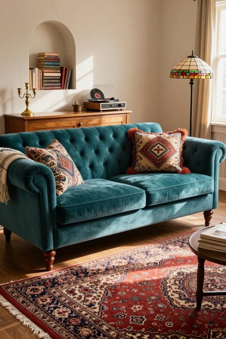 Teal tufted velvet two-seater sofa with embroidered patterned pillows, fringed throw blanket, wooden credenza holding vintage record player, arched niche with stacked books, stained glass floor lamp, and red Persian rug in a beige-walled living room on wood floors.