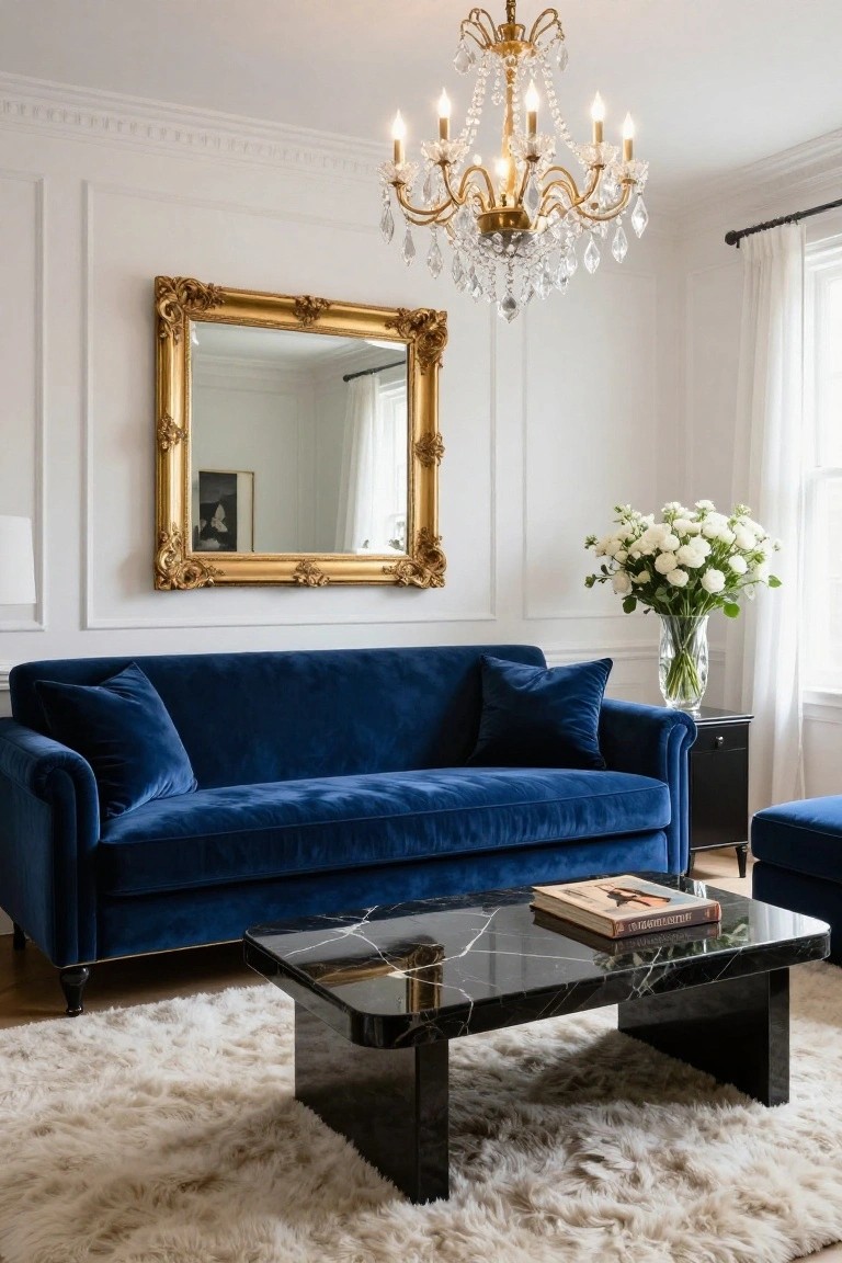 A living room with navy blue velvet sofa, gold ornate mirror, crystal chandelier, black marble coffee table, white bouquet in vase, white shag rug, and white walls with crown molding.