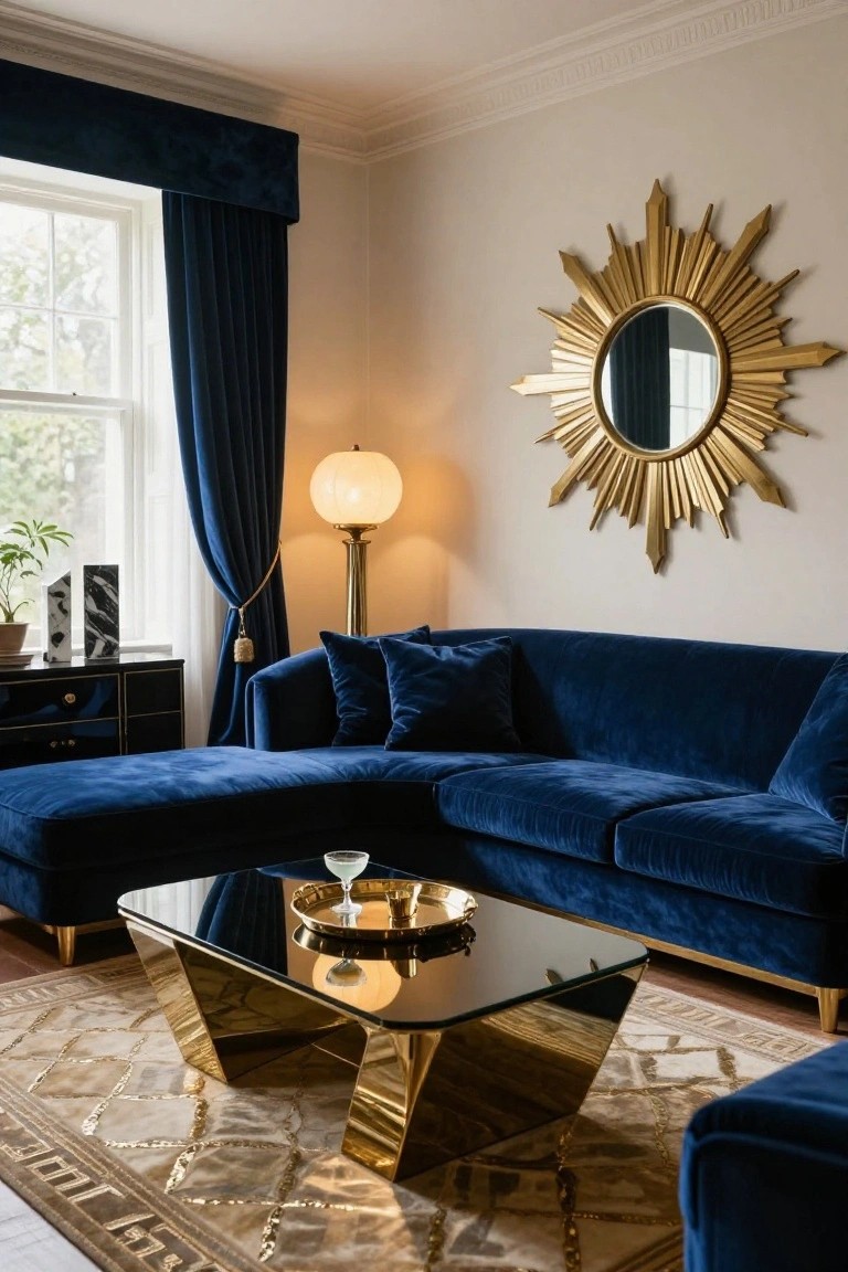 Living room with navy blue velvet L-shaped sofa, angular black glass and brass coffee table, large gold sunburst mirror on white wall, blue velvet curtains at window, and gold floor lamp.