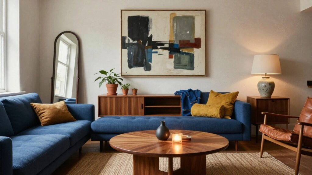24 Trendy Blue Sofa Living Room Ideas Packed With Personality Modern living room with navy blue tufted sofa, oval wood coffee table, tan leather armchair, arched floor mirror, potted plants, and abstract wall art beside a lamp.