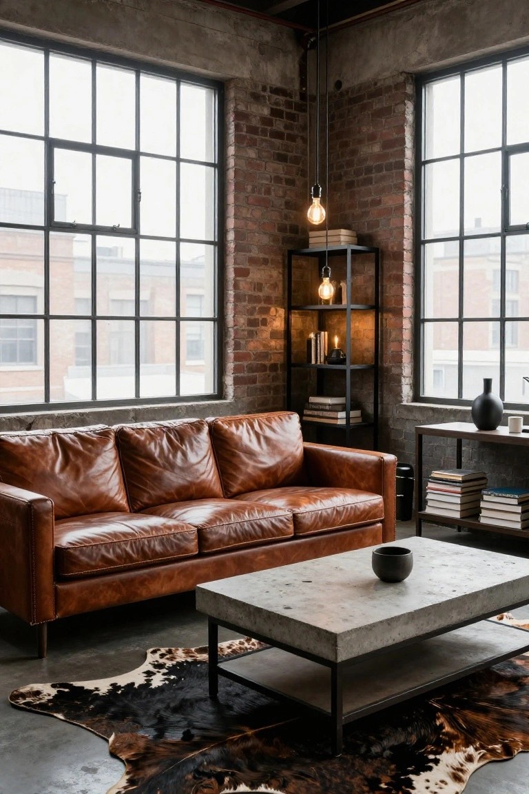 Industrial loft living room with tan leather three-seater sofa, low concrete coffee table on black and white cowhide rug, black metal shelving unit with books and candles, exposed brick walls, and large metal-framed windows.